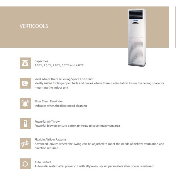 Blue Star VRF Verticools Indoor Units Specifications